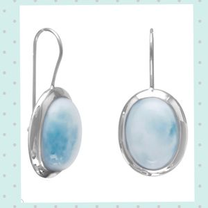 RHODIUM PLATED LARGE OVAL LARIMAR EARRINGS